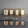 Outdoor Lanterns with Metal Frames and Glass Panels Featuring Traditional Patterns Displayed on Marble Surface 3d model