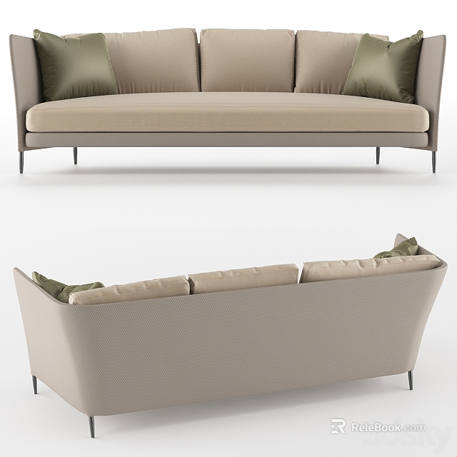 Modern Beige Sectional Sofa With Green Cushions And Metal Legs Minimalist Design 3d model 