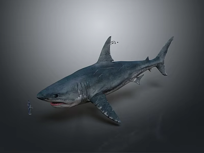 Realistic 3D Model Of Large Shark With Small Human Figure Against Gray Background 3d model