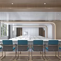 Modern Conference Room Interior With Long Table Blue White Chairs Large Screen And Green Plants