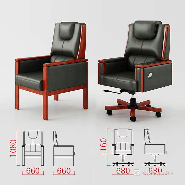 Modern High Back Office Chair with Black Leather Wooden Armrests Fixed and Swivel Base 3d model 