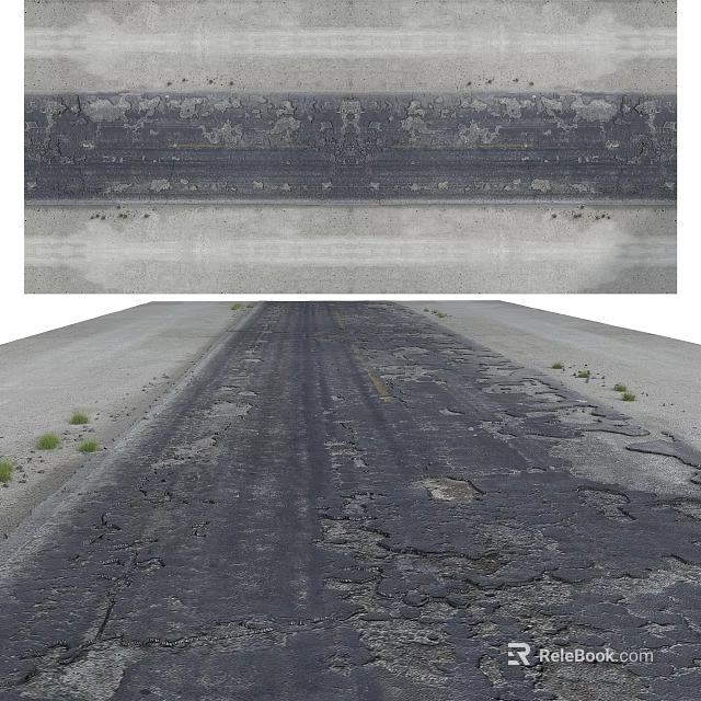 Cracked Asphalt Ground Surface With Visible Damage And Weeds On Edges 3d model 