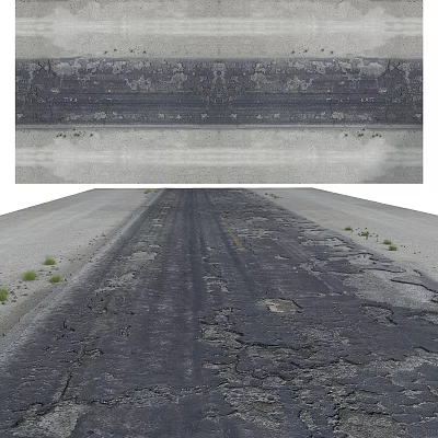Cracked Asphalt Ground Surface With Visible Damage And Weeds On Edges 3d model