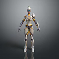 Futuristic Game and Movie Character in Silver Yellow Mech Armor With Blue Visor Helmet
