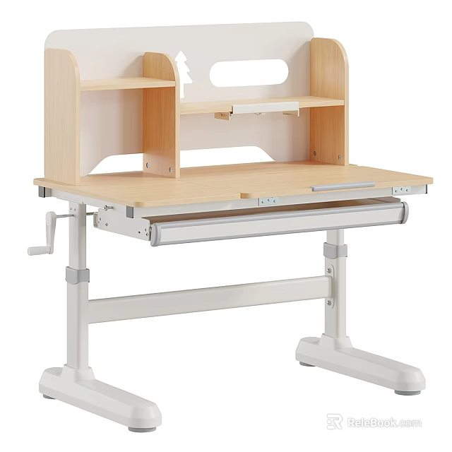 Height Adjustable Office Desk With Wooden Tabletop Built-in Shelf And Slide Drawer 3d model 