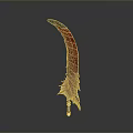 Ornate Curved Blade Weapon With Red Orange Design And Metallic Edge