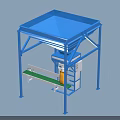 Industrial Equipment With Blue Frame Funnel Structure Yellow Packaging Unit And Green Conveyor Belt