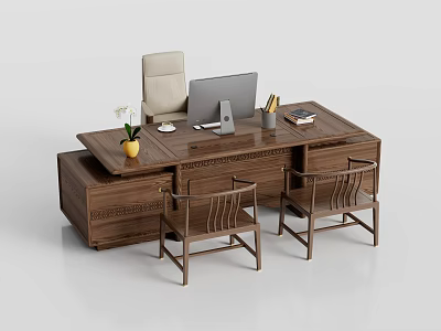 Classic Wooden Office Desk with Computer Monitor Yellow Vase Pen Holder Books and Chairs 3d model