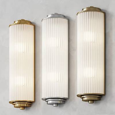 Modern Wall Lamps With Gold And Silver Frames And White Vertical Ribbed Shades On Wall 3d model