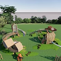 Garden Features In Children's Play Area With Wooden Structures Slide Trees And Green Lawn