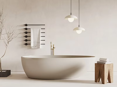 Modern Free Standing Bathtub In Beige Bathroom With Hanging Pendant Lights And Wooden Stool 3d model