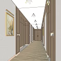 Modern Hotel Corridor Interior With Wooden Walls Green Carpet Warm Lighting And Decorative Paintings