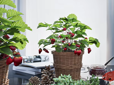 Strawberry Potted Plant In Wicker Basket With Green Leaves And Red Fruits For Indoor Decor 3d model