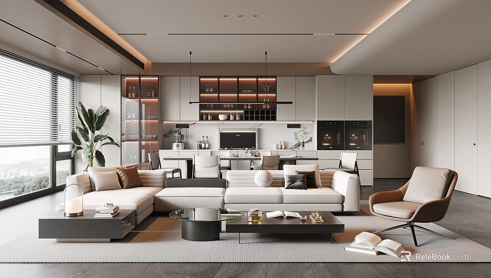 Modern Living And Dining Room Interior With Sofa Coffee Table Open Kitchen Cabinets And Plants 3d model 