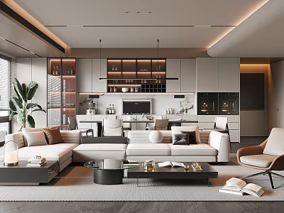Modern Living And Dining Room Interior With Sofa Coffee Table Open Kitchen Cabinets And Plants 3d model