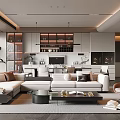 Modern Living And Dining Room Interior With Sofa Coffee Table Open Kitchen Cabinets And Plants
