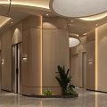 Modern Wooden Decor Storefront Reception with Circular Ceiling Green Plants and Marble Floor