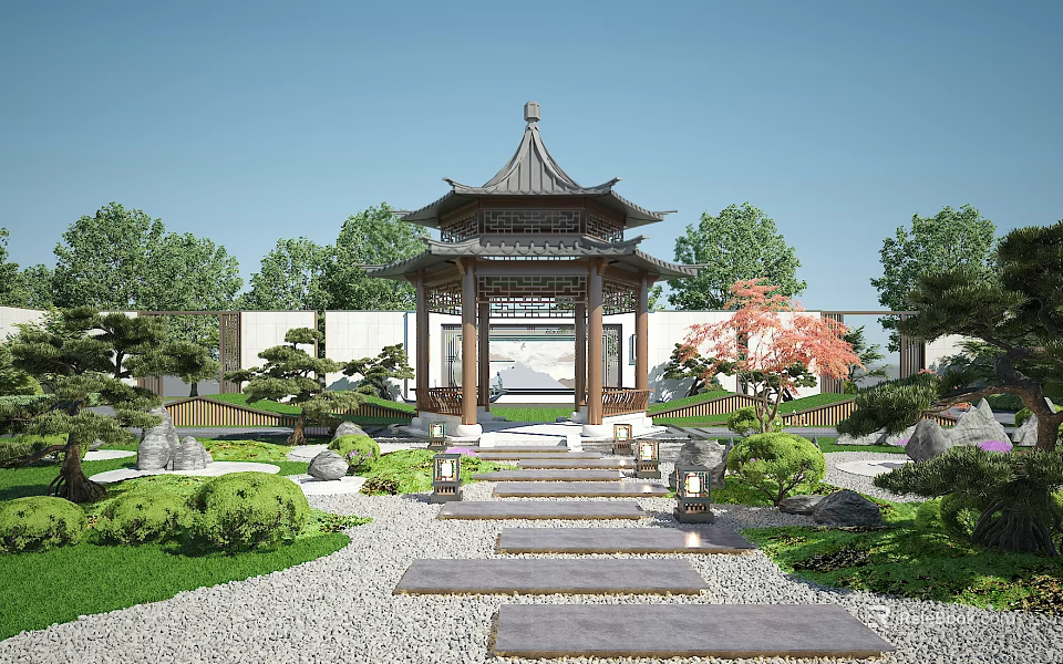 Traditional Chinese Garden Pavilion with Multi Tiered Roof Stone Path Lanterns and Green Plants 3d model 