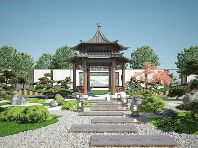 Traditional Chinese Garden Pavilion with Multi Tiered Roof Stone Path Lanterns and Green Plants 3d model