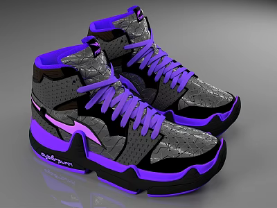 High Top Gray Black Purple Sneakers With Textured Upper Purple Laces And Black Sole 3d model