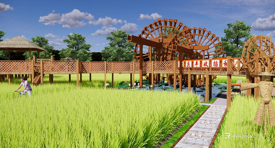 Scenic Natural Park Landscape Featuring Large Wooden Waterwheel Wooden Corridor and Green Rice Field 3d model 