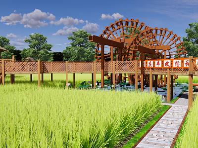 Scenic Natural Park Landscape Featuring Large Wooden Waterwheel Wooden Corridor and Green Rice Field 3d model