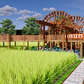 Scenic Natural Park Landscape Featuring Large Wooden Waterwheel Wooden Corridor and Green Rice Field