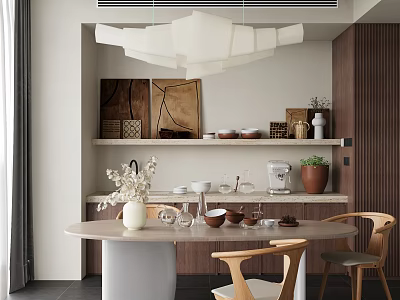 Elegant Restaurant Interior With Wooden Decor Chandelier Round Dining Table And Chairs 3d model