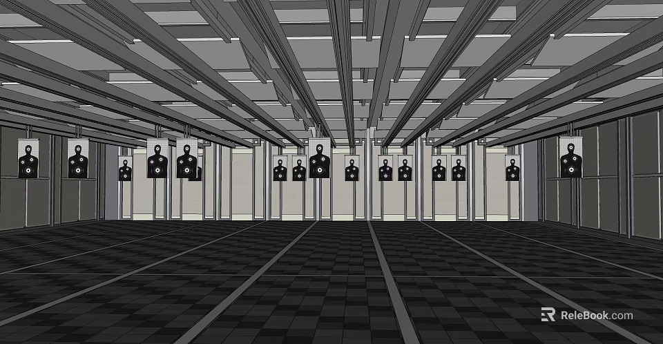 Indoor Fitness Gym Space With People Exercising Grid Ceiling And Striped Flooring 3d model 