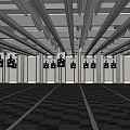 Indoor Fitness Gym Space With People Exercising Grid Ceiling And Striped Flooring