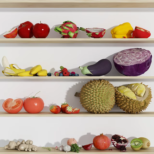 Colorful Fresh Fruits On Shelves Including Apples Dragon Fruits Bananas Strawberries And Durian 3d model 