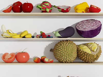 Colorful Fresh Fruits On Shelves Including Apples Dragon Fruits Bananas Strawberries And Durian 3d model
