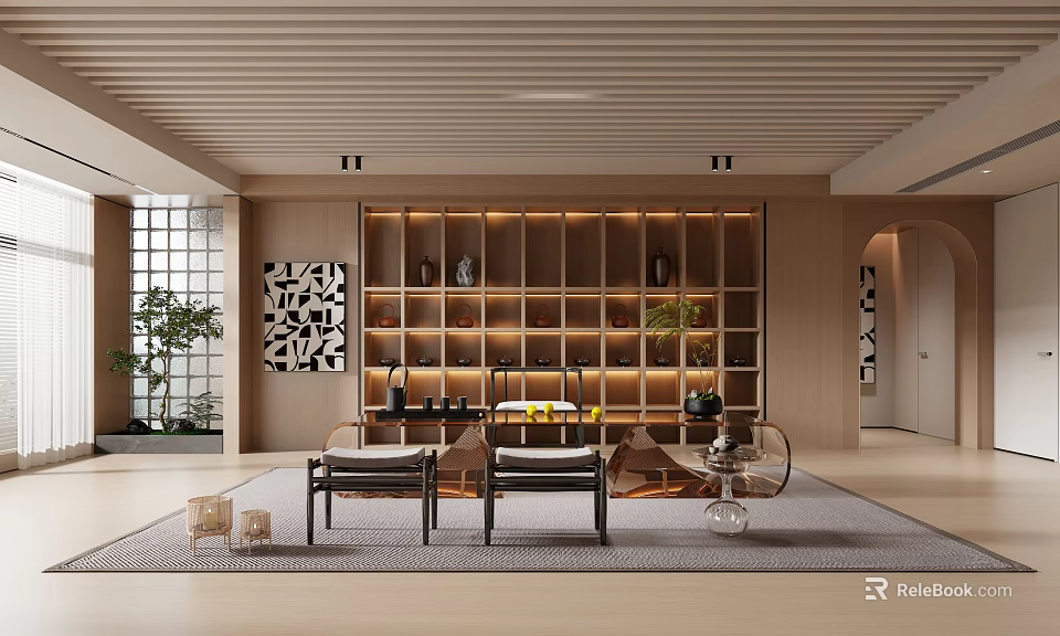 Traditional Tea Room Interior Design With Wooden Shelves Tea Table Chairs And Potted Plant 3d model 