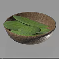 Natural Wicker Bowl Containing Fresh Green Cactus Leaves For Household Use