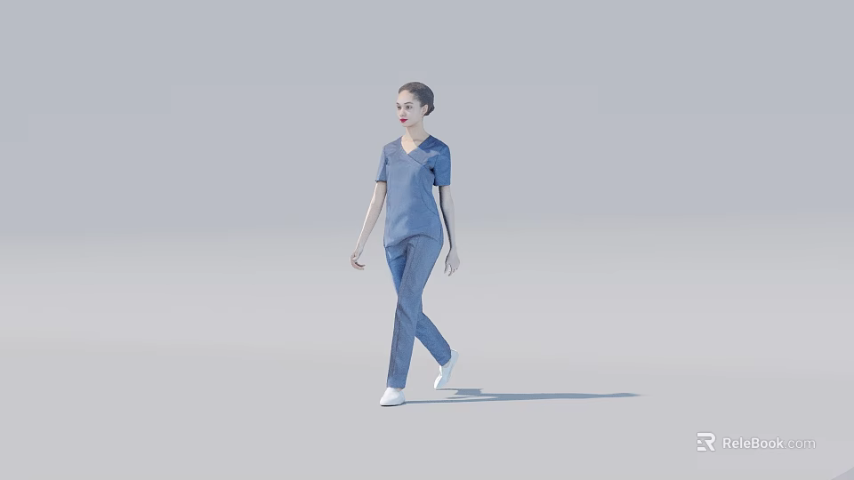 A Woman In Blue Scrubs Walking Against Gray Background Full Body View 3d model 