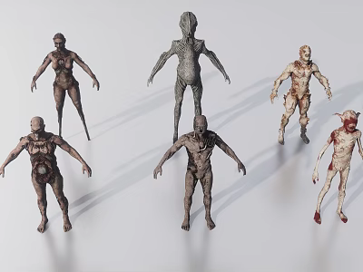 Humanoid Creature Character Models For Game Design With Various Forms And Damaged Skin 3d model