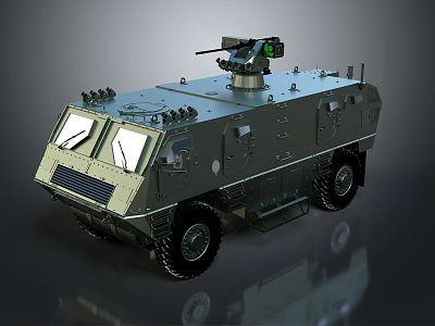 Armored Military Vehicle With Turret Mounted Weapon System And Heavy Duty Wheels 3d model