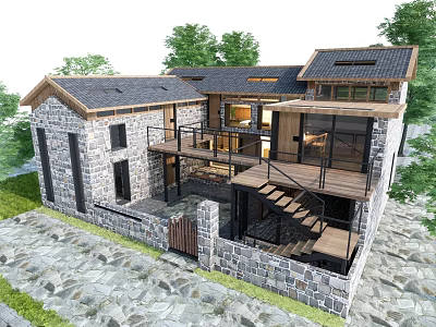 Rustic Stone Guesthouse Building With Wooden Roof Balcony Staircase And Garden Surrounded By Trees 3d model