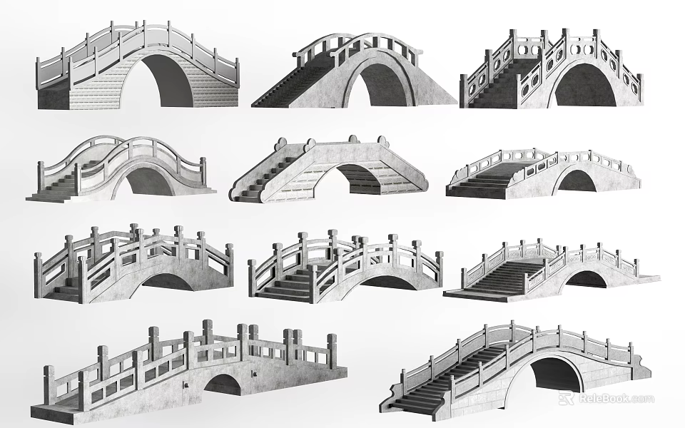 Various Landscape Bridge Designs With Arched Structures Railing And Step Features 3d model 