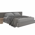 Modern Bedroom Interior With Upholstered Headboard Gray Pillows Soft Blanket And Wooden Bedside Table