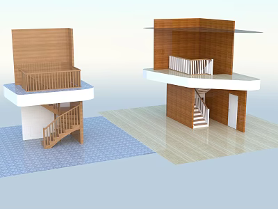 Wooden Staircase Design With Railing Connecting Upper Lower Floors And Blue Light Colored Flooring 3d model