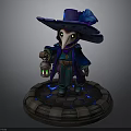 Detailed Fantasy Wizard Statue With Feathered Hat Cloak Lantern And Blue Glowing Base