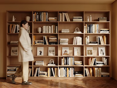 Warm Wooden Bookcase With Shelves Filled With Books And Decorative Items 3d model