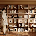 Warm Wooden Bookcase With Shelves Filled With Books And Decorative Items