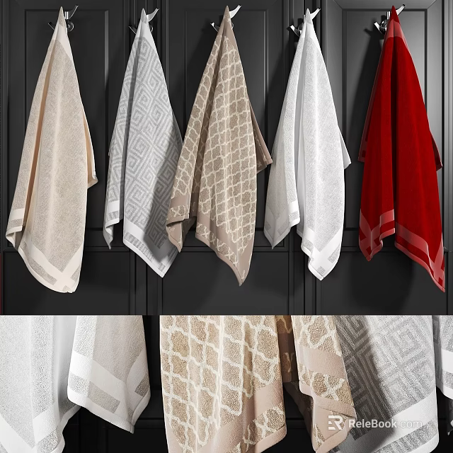 Various Colorful Patterned Towels Hanging With Soft Texture On Dark Background 3d model 