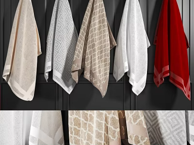 Various Colorful Patterned Towels Hanging With Soft Texture On Dark Background 3d model