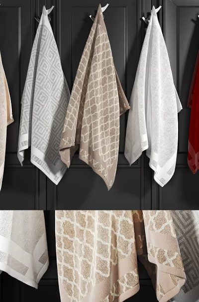 Various Colorful Patterned Towels Hanging With Soft Texture On Dark Background 3d model