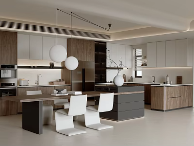 Modern Kitchen Interior With Wooden And White Cabinets Island Counter Hanging Lights And White Chairs 3d model