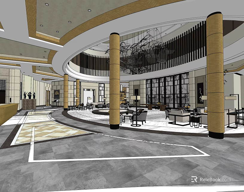 Sales Office Grand Interior Featuring Tall Columns Elegant Chandelier Tables Chairs And Modern Floor Design 3d model 