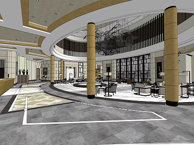 Sales Office Grand Interior Featuring Tall Columns Elegant Chandelier Tables Chairs And Modern Floor Design 3d model